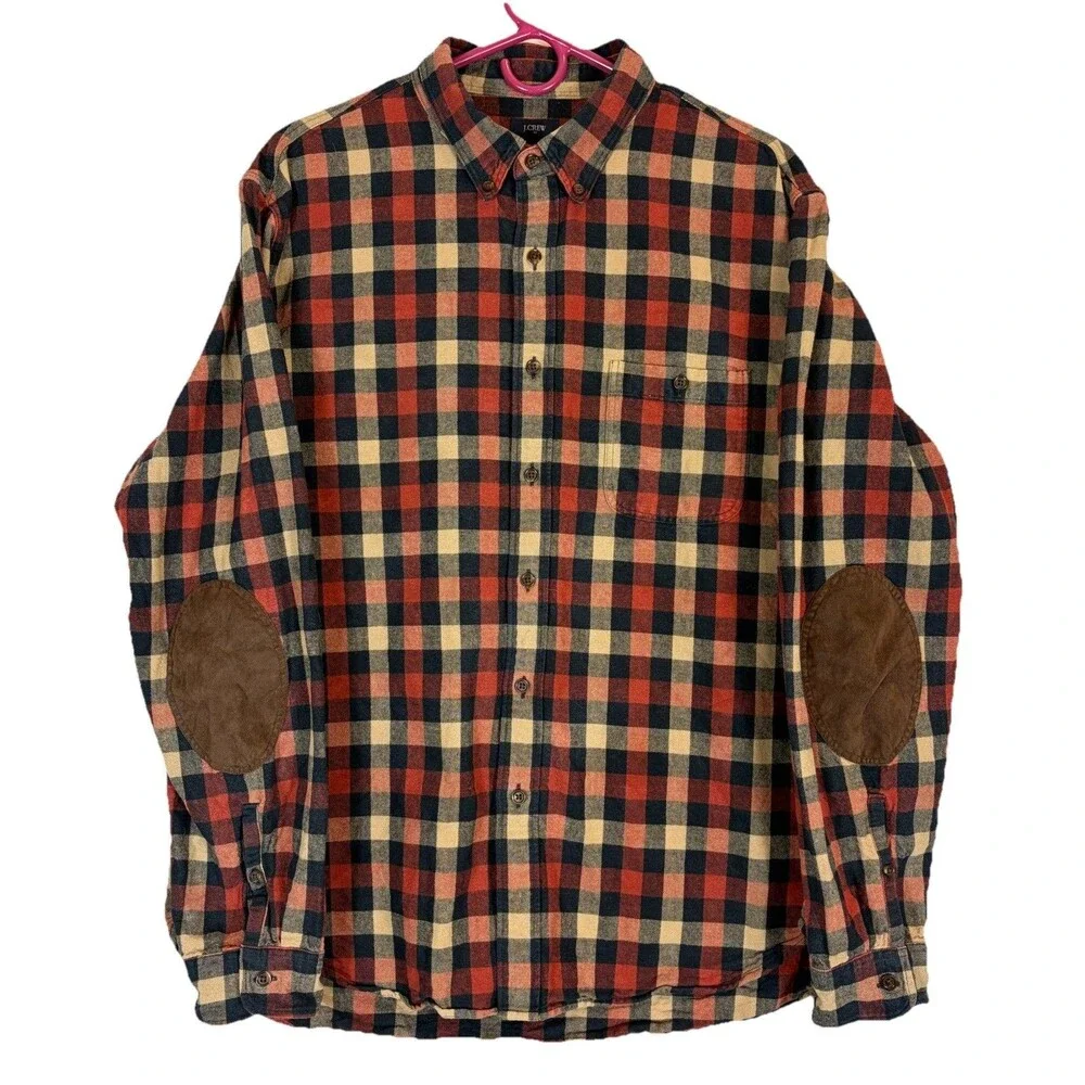 J Crew Cotton Twill L/S Button Shirt Red/Blue Plaid Suede Elbows Men’s XL